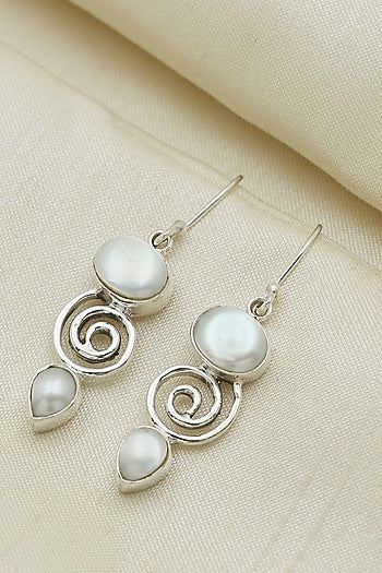 White Finish Pearl Dangler Earrings In Sterling Silver