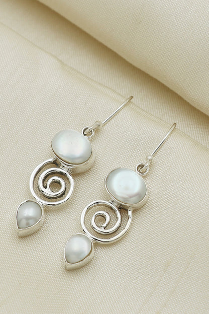 White Finish Pearl Dangler Earrings In Sterling Silver