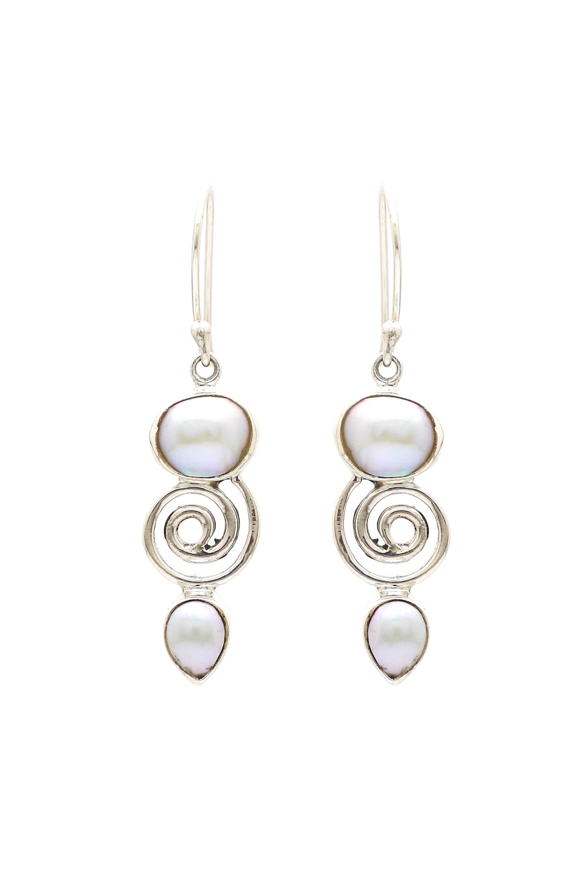 White Finish Pearl Dangler Earrings In Sterling Silver