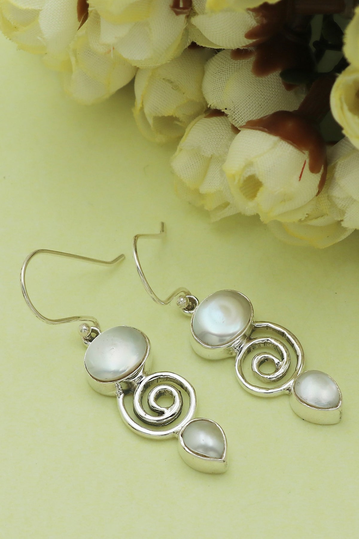 White Finish Pearl Dangler Earrings In Sterling Silver