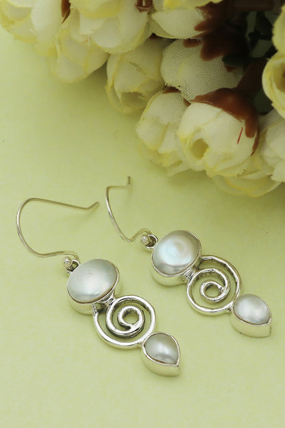 White Finish Pearl Dangler Earrings In Sterling Silver