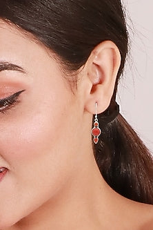 Oxidised Finish Red Coral Stone Dangler Earrings In Sterling Silver