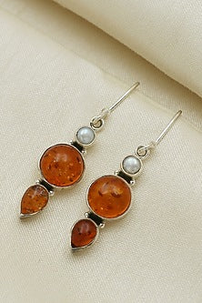 Oxidised Finish Orange Amber Stone Dangler Earrings In Sterling Silver