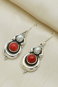 White Finish Red Coral Stone & Pearl Dangler Earrings In Sterling Silver