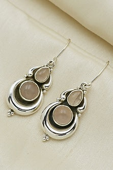 White Finish Rose Quartz Dangler Earrings In Sterling Silver