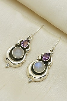 White Finish Blue Amethyst & Moon Stone Dangler Earrings In Sterling Silver
