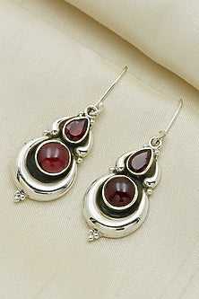White Finish Red Garnet Stone Dangler Earrings In Sterling Silver