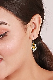 White Finish Orange Amber Stone Dangler Earrings In Sterling Silver
