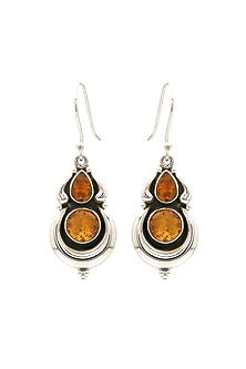 White Finish Orange Amber Stone Dangler Earrings In Sterling Silver