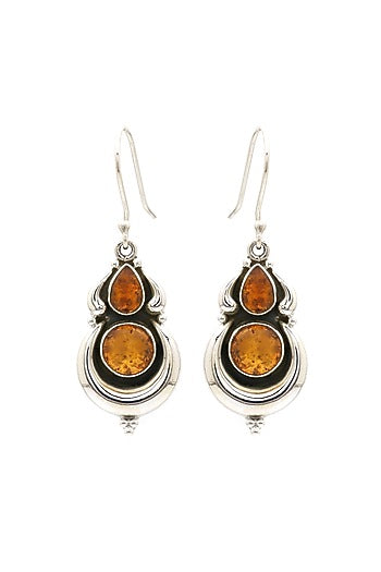 White Finish Orange Amber Stone Dangler Earrings In Sterling Silver