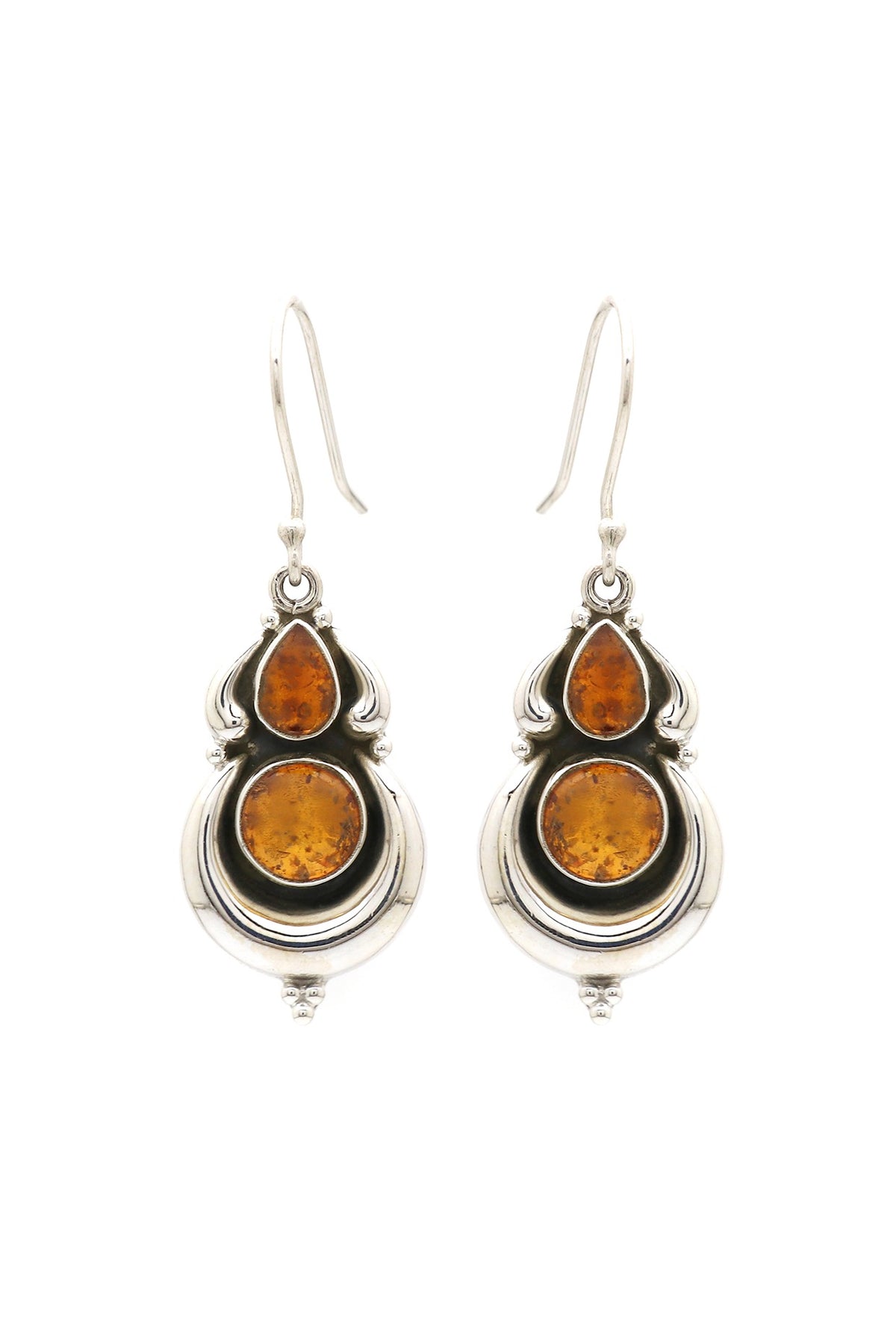 White Finish Orange Amber Stone Dangler Earrings In Sterling Silver