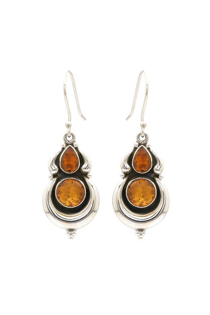 White Finish Orange Amber Stone Dangler Earrings In Sterling Silver
