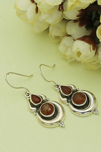 White Finish Orange Amber Stone Dangler Earrings In Sterling Silver
