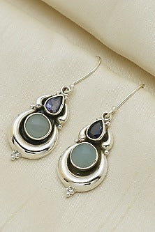 White Finish Green Chalcedony Dangler Earrings In Sterling Silver