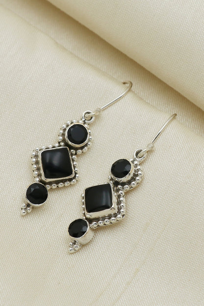 Oxidised Finish Black Onyx Dangler Earrings In Sterling Silver