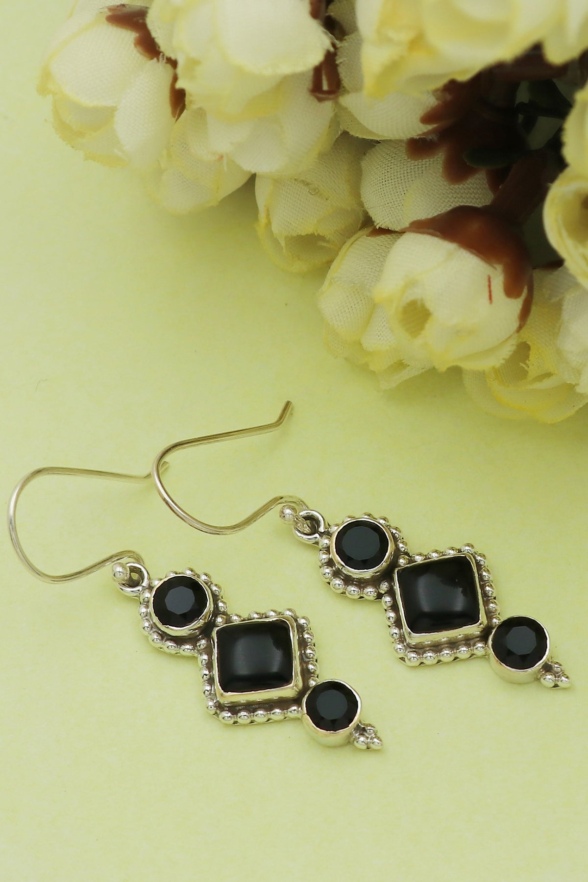 Oxidised Finish Black Onyx Dangler Earrings In Sterling Silver