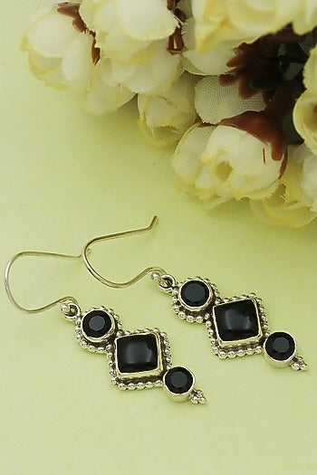 Oxidised Finish Black Onyx Dangler Earrings In Sterling Silver