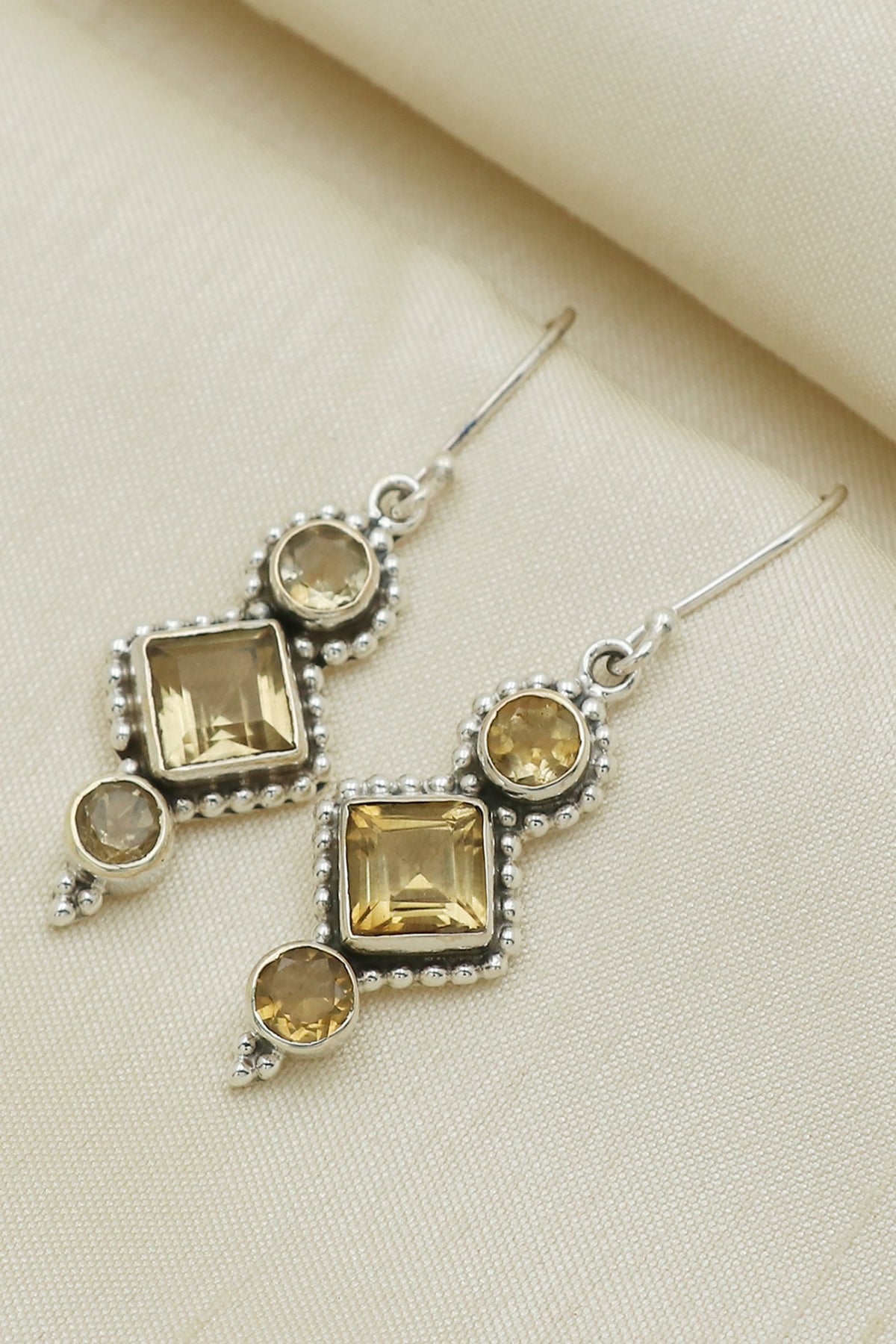 Oxidised Finish Yellow Citrine Stone Dangler Earrings In Sterling Silver