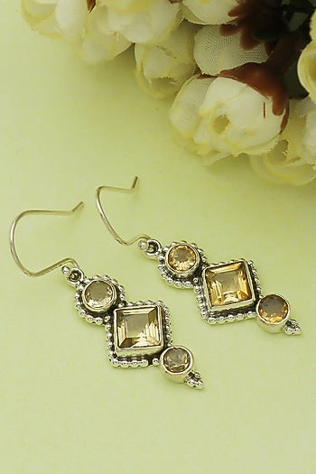 Oxidised Finish Yellow Citrine Stone Dangler Earrings In Sterling Silver