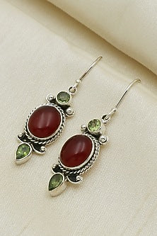Oxidised Finish Red Onyx & Peridot Stone Dangler Earrings In Sterling Silver