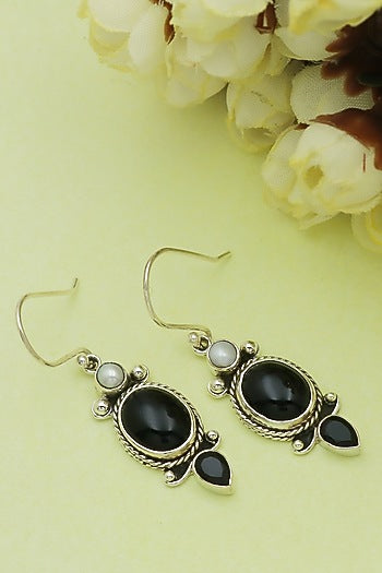 Oxidised Finish Black Onyx Dangler Earrings In Sterling Silver