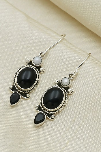 Oxidised Finish Black Onyx Dangler Earrings In Sterling Silver