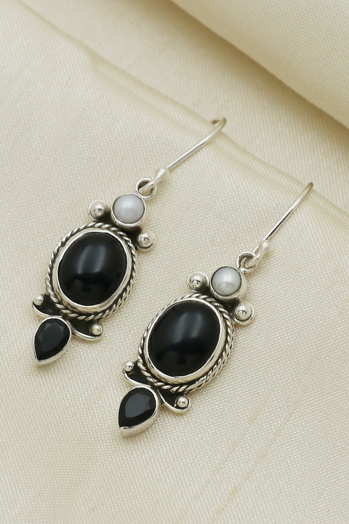 Oxidised Finish Black Onyx Dangler Earrings In Sterling Silver