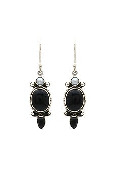 Oxidised Finish Black Onyx Dangler Earrings In Sterling Silver