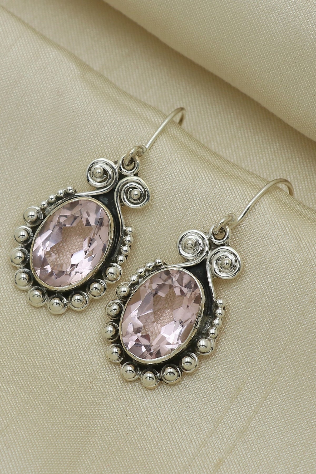 Oxidised Finish Pink Topaz Dangler Earrings In Sterling Silver