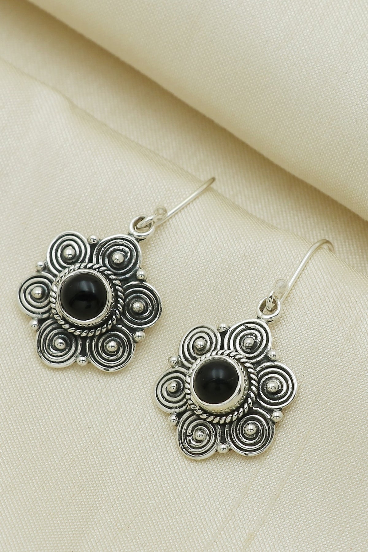 Oxidised Finish Black Onyx Dangler Earrings In Sterling Silver