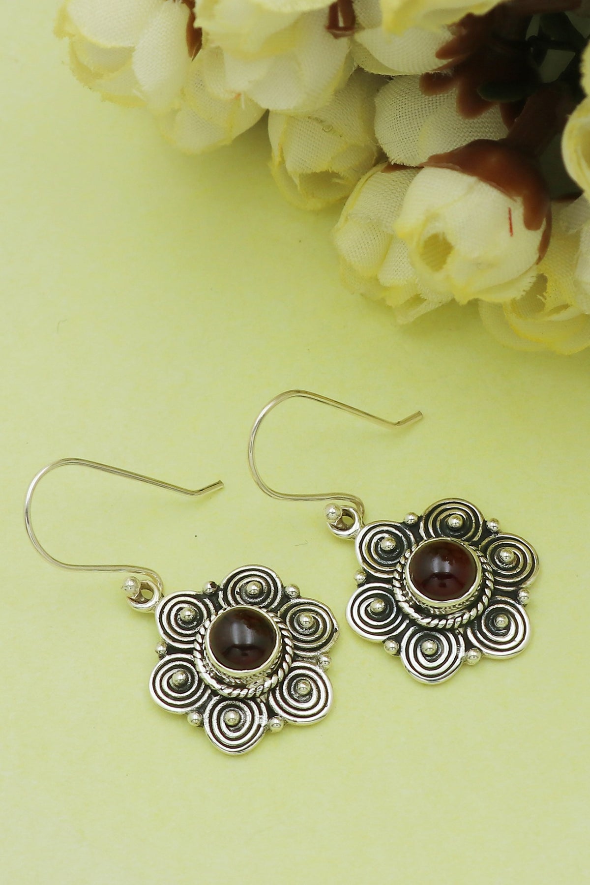 Oxidised Finish Garnet Dangler Earrings In Sterling Silver
