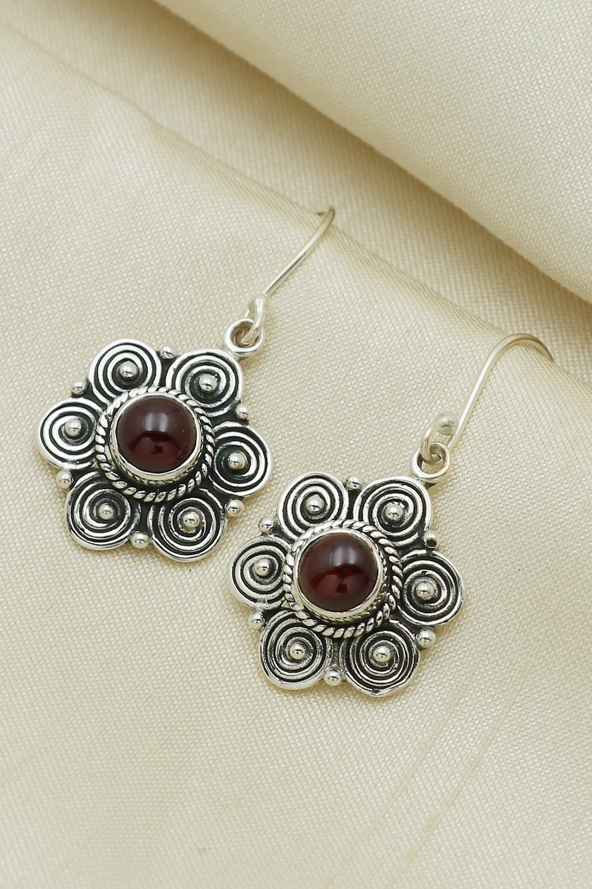 Oxidised Finish Garnet Dangler Earrings In Sterling Silver