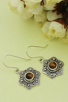 Oxidised Finish Tigers Eye Dangler Earrings In Sterling Silver