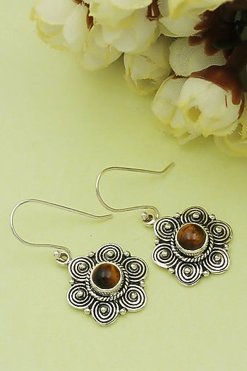 Oxidised Finish Tigers Eye Dangler Earrings In Sterling Silver