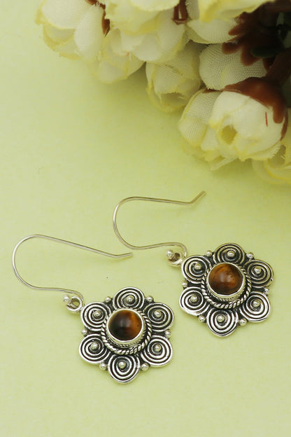 Oxidised Finish Tigers Eye Dangler Earrings In Sterling Silver