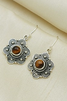 Oxidised Finish Tigers Eye Dangler Earrings In Sterling Silver