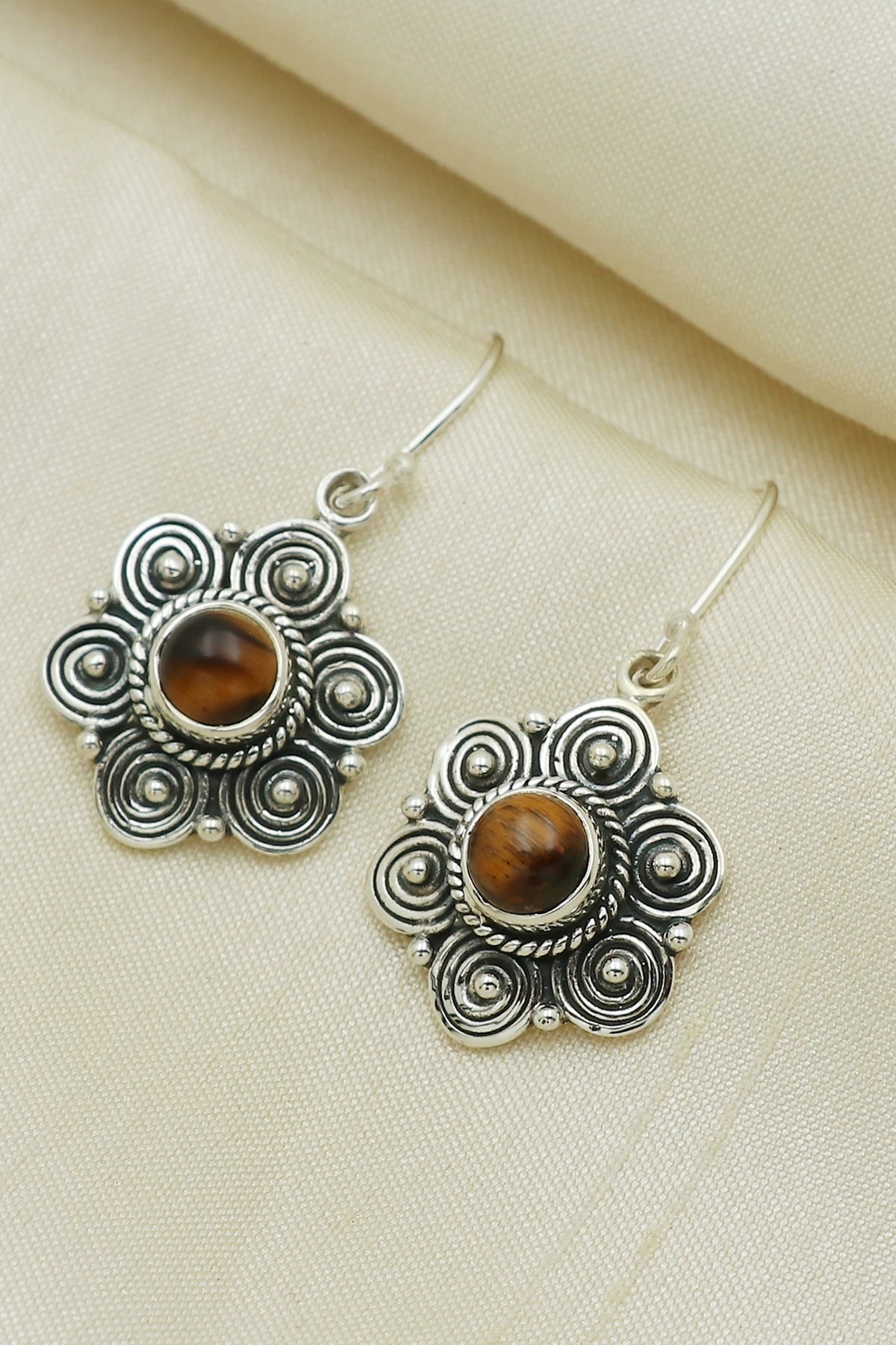 Oxidised Finish Tigers Eye Dangler Earrings In Sterling Silver