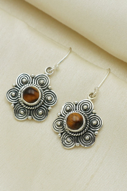 Oxidised Finish Tigers Eye Dangler Earrings In Sterling Silver