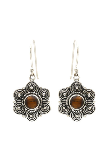 Oxidised Finish Tigers Eye Dangler Earrings In Sterling Silver