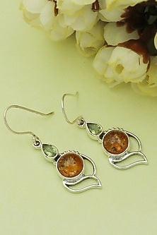 Oxidised Finish Amber Dangler Earrings In Sterling Silver