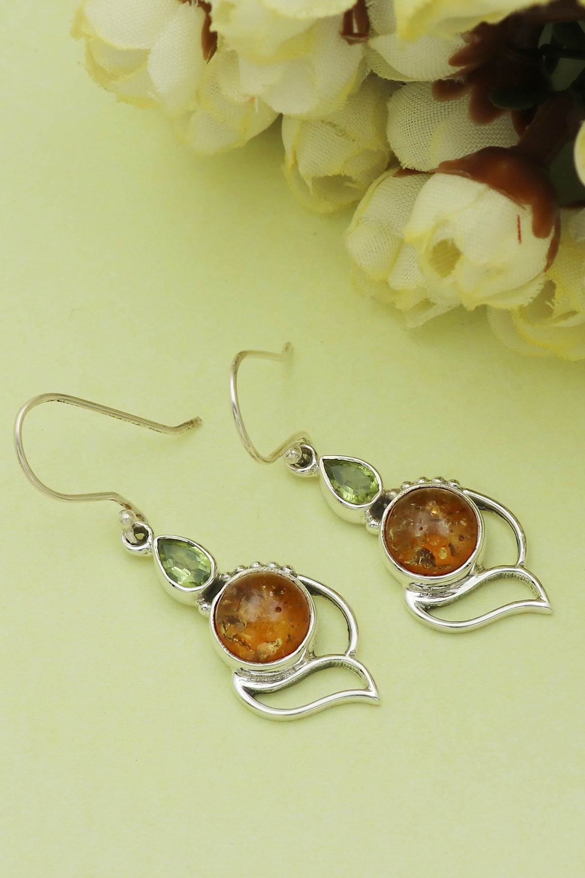 Oxidised Finish Amber Dangler Earrings In Sterling Silver
