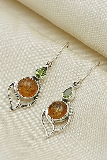 Oxidised Finish Amber Dangler Earrings In Sterling Silver