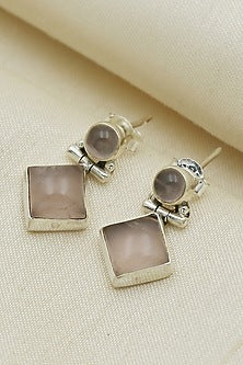 Oxidised Finish Rose Quartz Dangler Earrings In Sterling Silver