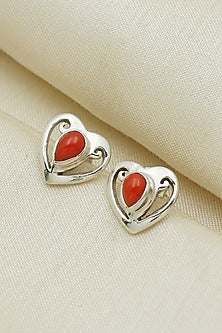 Oxidised Finish Coral Stone Stud Earrings In Sterling Silver