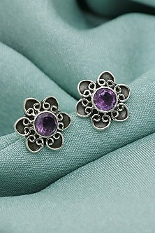 Oxidised Finish Amethyst Stud Earrings In Sterling Silver