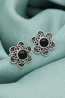 Oxidised Finish Black Onyx Stud Earrings In Sterling Silver