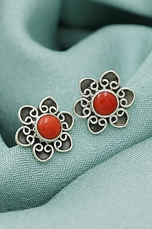 Oxidised Finish Coral Stone Stud Earrings In Sterling Silver