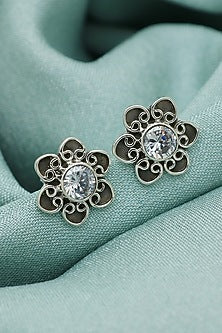 Oxidised Finish Zircon Stud Earrings In Sterling Silver