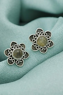 Oxidised Finish Quartz Stud Earrings In Sterling Silver