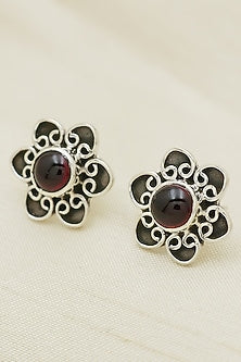Oxidised Finish Garnet Stud Earrings In Sterling Silver
